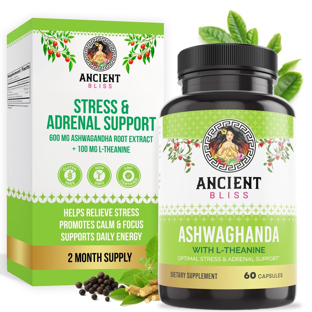 Αρχαία Bliss Ashwagandha με L-Θεανίνη & Μαύρο εκχύλισμα πιπεριού κάψουλες, ενέργεια & φυσικό συμπλήρωμα υποστήριξης Mood, συμπλήρωμα εστίασης για ενήλικες