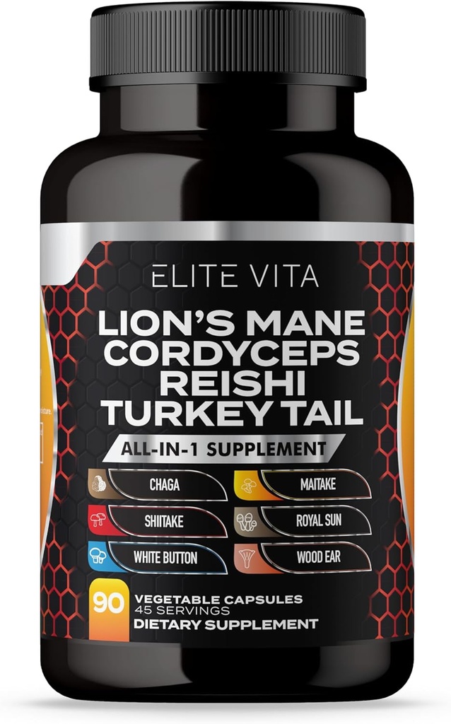 Nootropic Mushroom Supplement - Lions Mane, Cordyceps, Reishi, Chaga Blend για ενισχυμένη εστίαση, μνήμη, γνωστική υποστήριξη, βιταμίνη εγκεφάλου και συμπλήρωμα εστίασης, 90 κάψουλες Vegan