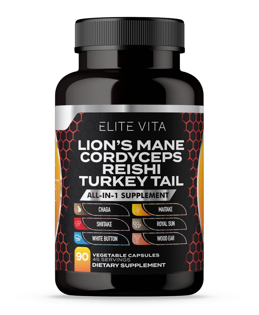Nootropic Mushroom Supplement - Lions Mane, Cordyceps, Reishi, Chaga Blend για ενισχυμένη εστίαση, μνήμη, γνωστική υποστήριξη, βιταμίνη εγκεφάλου και συμπλήρωμα εστίασης, 90 κάψουλες Vegan