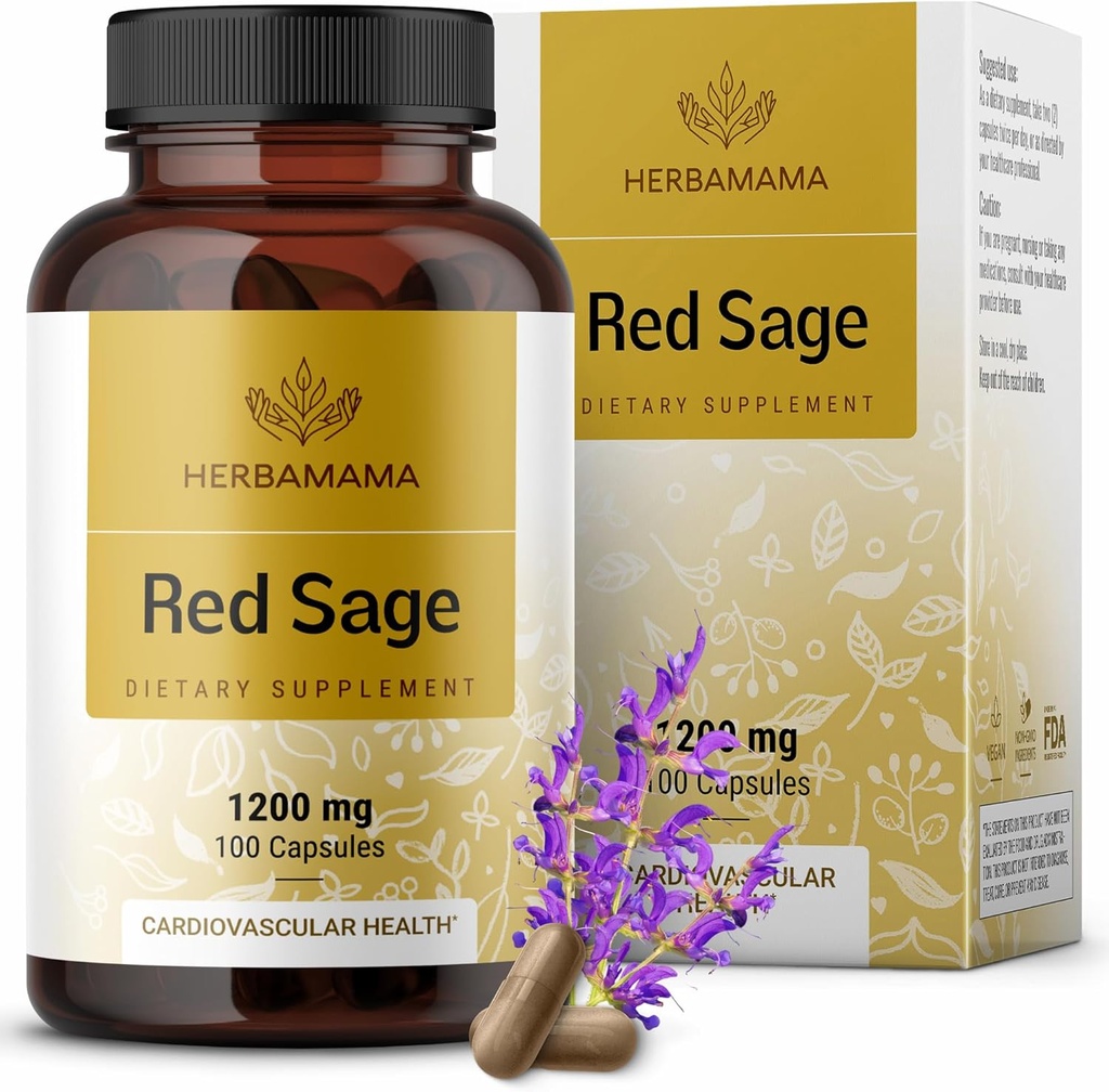 HERBAMAMA Red Sage Supplement Capsules - 1200mg Red Sage Root (Dan Shen) for Antioxidant Support - Vegan, Non-GMO Salvia Miltiorrhiza Supplement