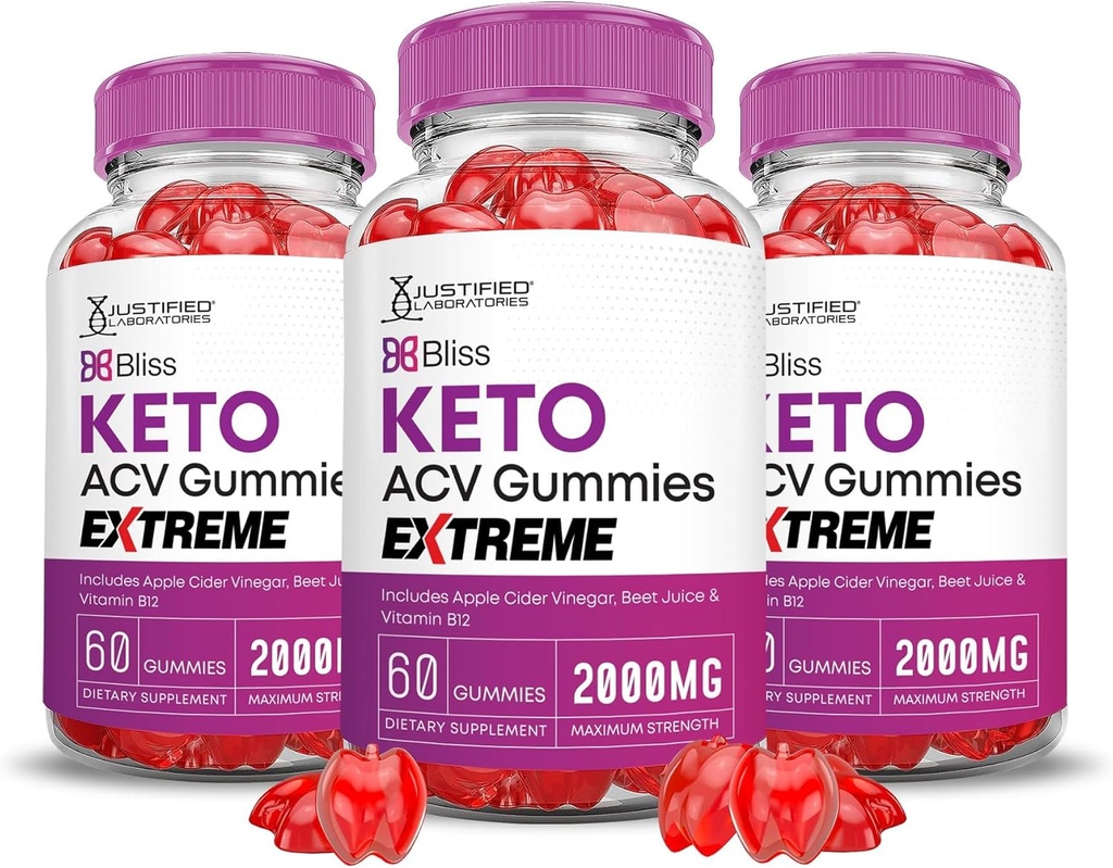 Justified Laboratories (3 Pack Bliss Keto ACV Gummies Extreme 2000MG Bliss Keto Gummies Apple Cider Vinegar Formulated with Pomegranate Beet Juice Powder B12 Vegan Non GMO 180 Gummys