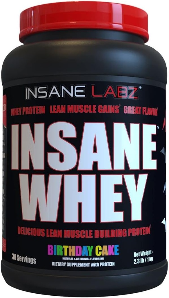 Insane Labz Insane Whey, 100% πρωτεΐνη ορού ορού μυός, BCAA Amino Προφίλ, Μαζική Κεραυνός, Αντικατάσταση γεύματος (Κρέμα Birthday, 30 εξυπηρετούν)