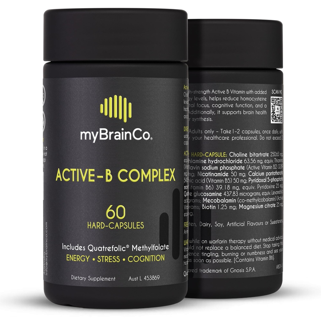 MyBrainCo. Active-B Complex – Υψηλής ισχύος συμπλήρωμα ενεργοποιημένης βιταμίνης Β με B2, B6, B12 & Φολικό Μεθύλιο – Υποστηρίζει την ενέργεια, τη λειτουργία του εγκεφάλου και το νευρικό σύστημα – 60 Vege-Capsules