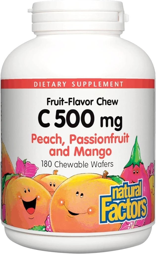 Natural Factors, Kids Chewable Vitamin C 500 mg, Supports Immune Health, Bones, Teeth and Gums, Peach, Passionfruit and Mango, 180 Wafers