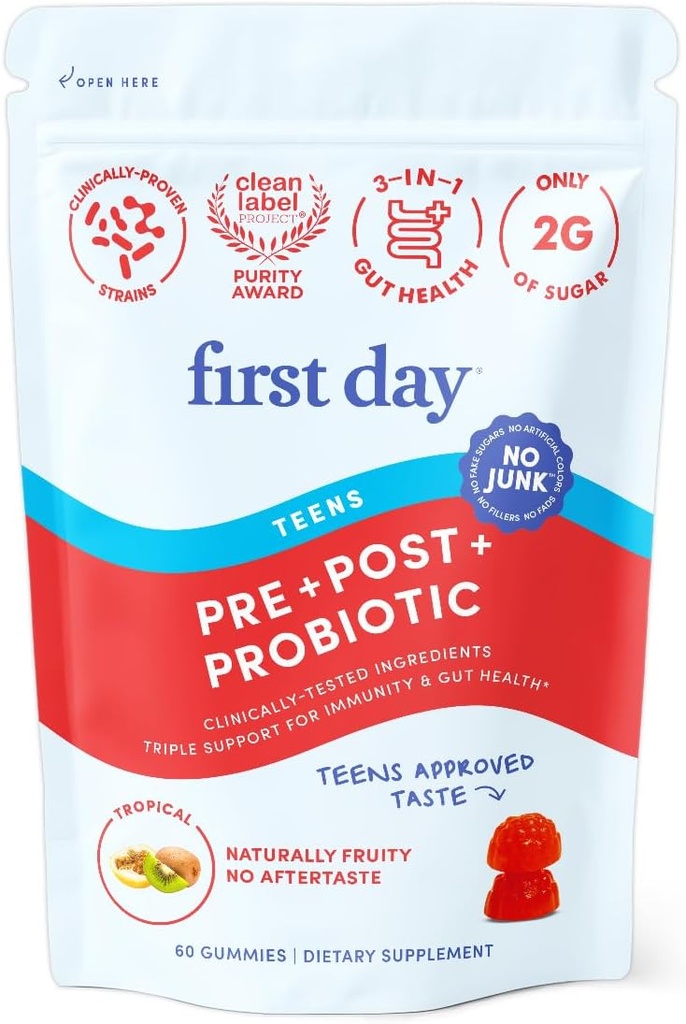 Πρώτη μέρα των εφήβων Sustainer Tribiotic Gummies – 3-σε-1 Prebiotic, Probiotic & Postbiotic συμπλήρωμα – Υποστηρίζει Digestive, δέρμα, στοματική & ανοσοποιητική υγεία, θρεπτική απορρόφηση & ανάπτυξη – 30-Day Supply