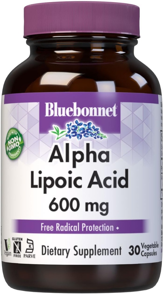BlueBonnet Alpha Lipoic Acid 600mg - Ισχυρό αντιοξειδωτικό συμπλήρωμα υποστήριξης για γυναίκες & άνδρες - μη ΓΤΟ, Vegan, Kosher - Χωρίς γλουτένη, χωρίς σόγια, χωρίς γαλακτοκομικά - 60 κάψουλες λαχανικών