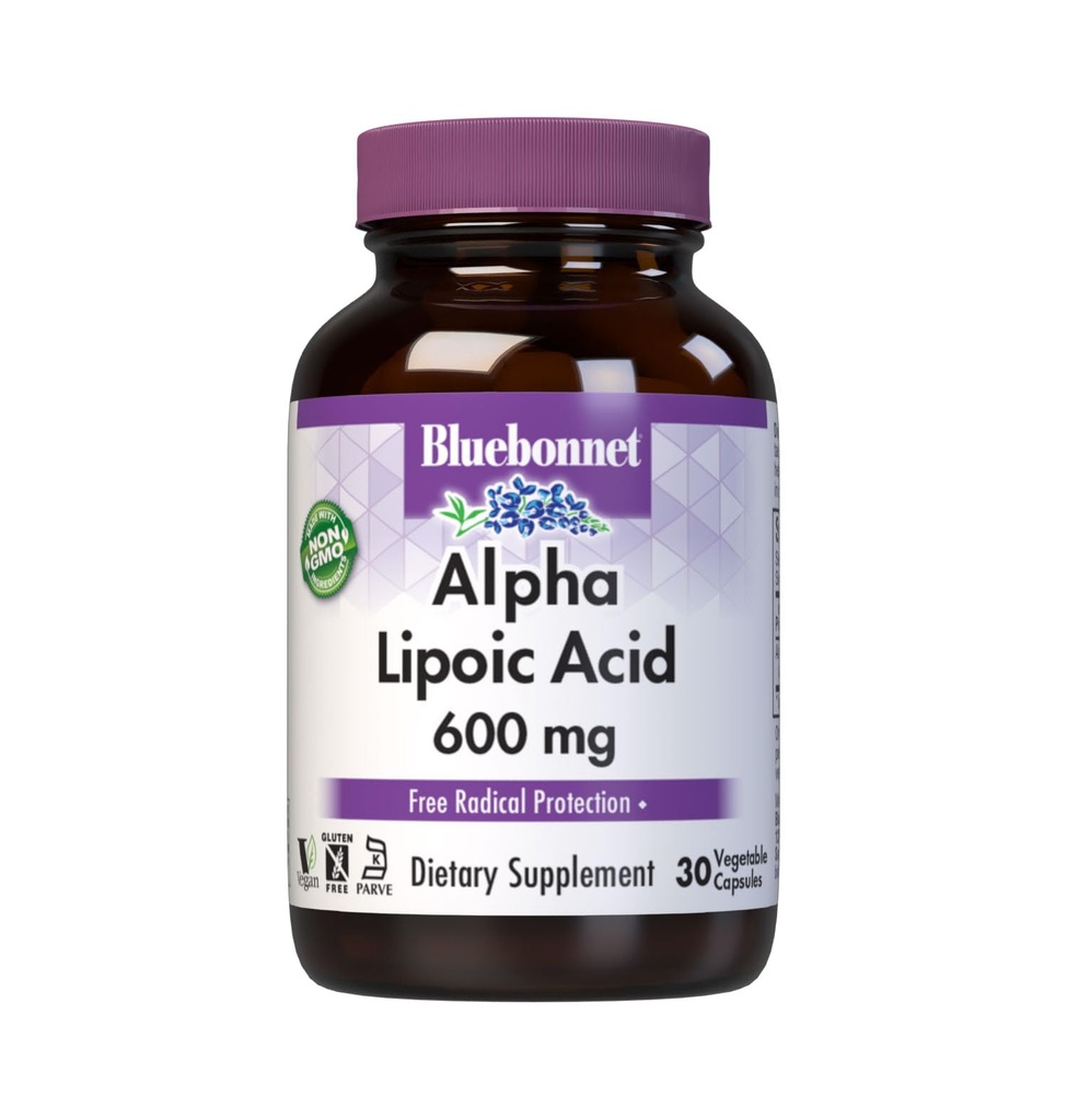 BlueBonnet Alpha Lipoic Acid 600mg - Ισχυρό αντιοξειδωτικό συμπλήρωμα υποστήριξης για γυναίκες & άνδρες - μη ΓΤΟ, Vegan, Kosher - Χωρίς γλουτένη, χωρίς σόγια, χωρίς γαλακτοκομικά - 60 κάψουλες λαχανικών