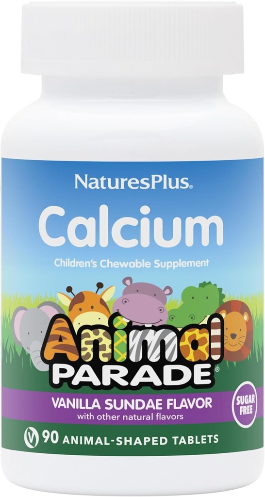 NaturesPlus Ζωική Παρέλαση Χωρίς Ζάχαρη Παιδικό Ασβέστιο, Βανίλια Sundae Γεύση - 90 Μασώμενα Ζωικά Σχηματισμένα Δισκία - Μαγνήσιο για την Υγεία των Οστών - Χωρίς Γλουτένη - 45 Σερβιέτες