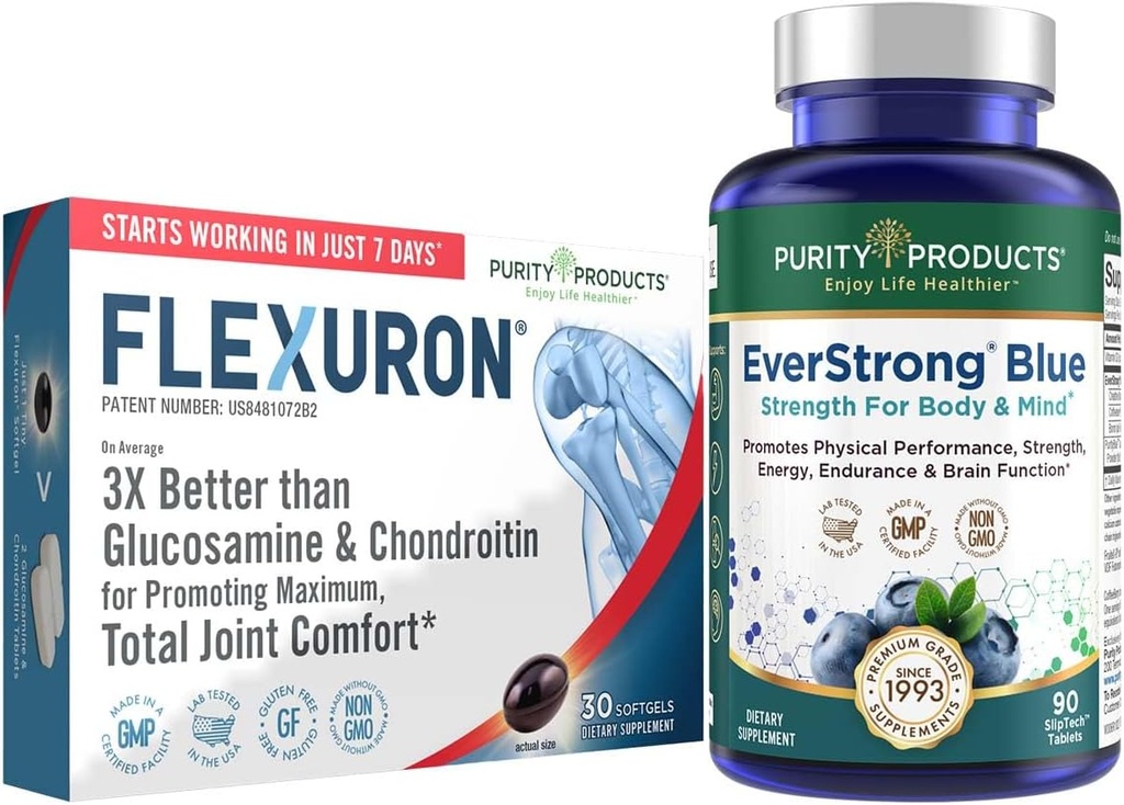 Purity Products Bundle - Flexuron Joint Formula + EverStong Blue Tablets - Δύναμη + Ευελιξία Power Pack Flexuron (Krill Oil, Hyaluronic Acid + Aspaxanthin) - EverStong Blue (Muscle Matrix)