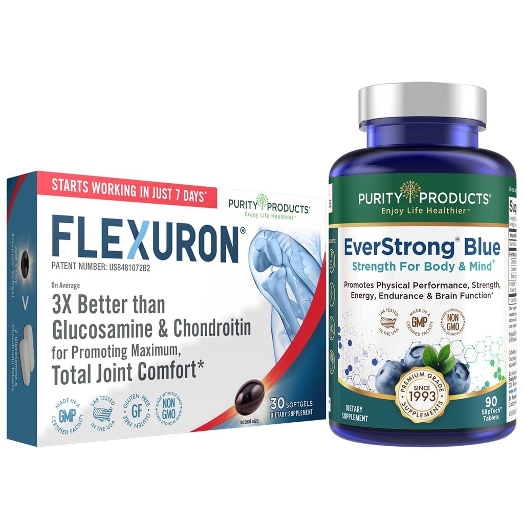 Purity Products Bundle - Flexuron Joint Formula + EverStrong Blue Tablets - Strength + Flexibility Power Pack Flexuron (Krill Oil, Hyaluronic Acid + Astaxanthin) - EverStrong Blue (Muscle Matrix)