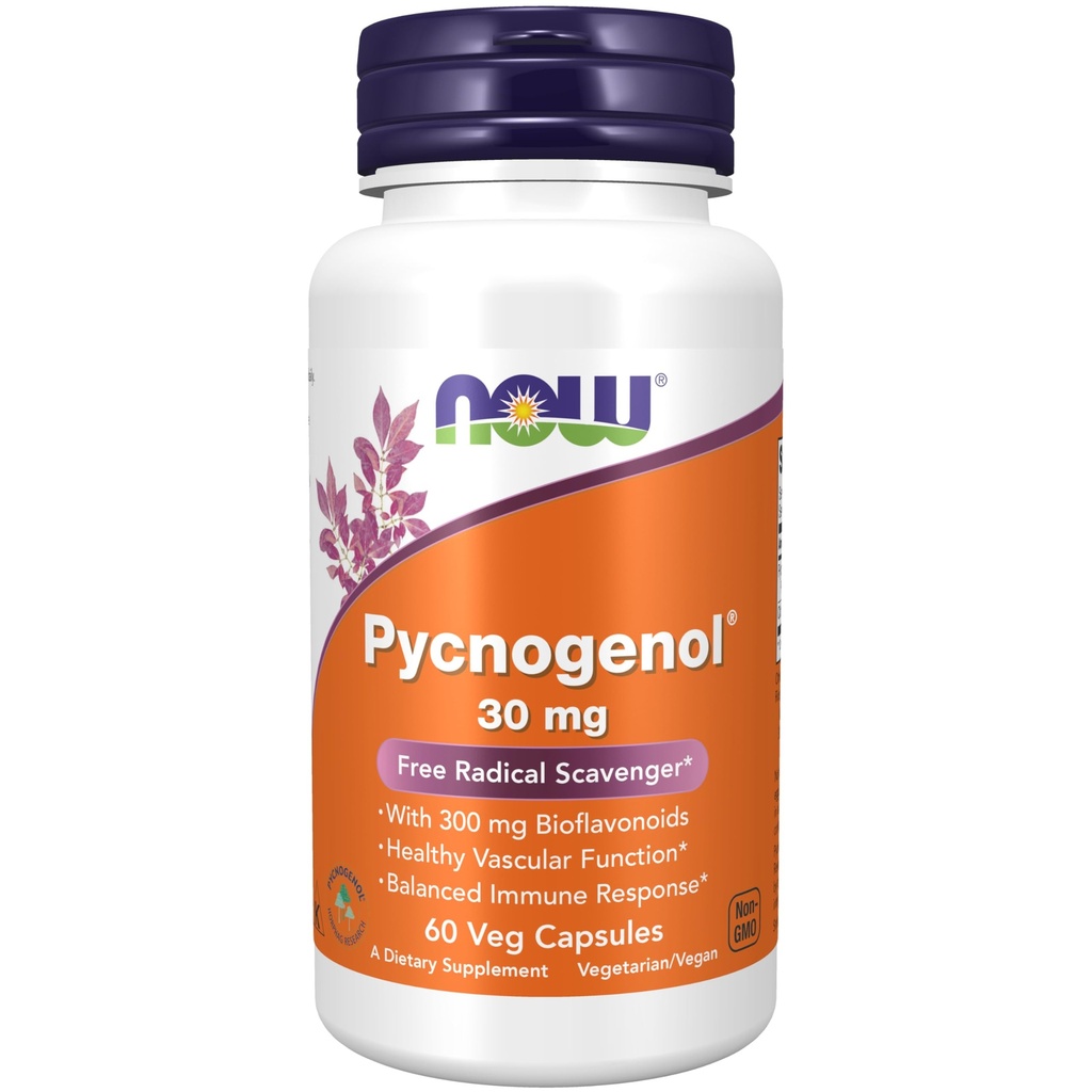 NOW Συμπληρώματα Τροφίμων, Pycnogenol 30 mg (ένας Μοναδικός Συνδυασμός Προανθοκυανιδινών από το Γαλλικό Ναυτικό Πεύκο) με 300 mg Bioflavonoids, 60 Veg Κάψουλες
