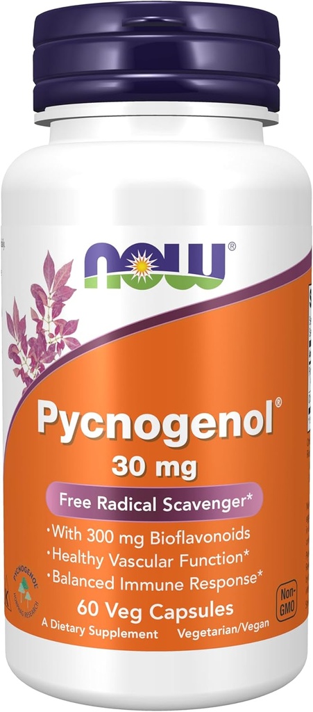 NOW Foods Supplements, Pycnogenol 30 mg (a Unique Combination of Proanthocyanidins from French Maritime Pine) with 300 mg Bioflavonoids, 60 Veg Capsules