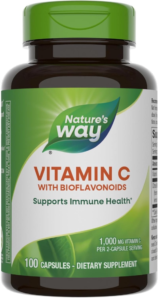 Nature's Way Vitamin C with Bioflavonoids, Immune Support*, High Potency Vitamin C per 2-capsule serving, Promotes Collagen*, 1,000 mg per 2-Capsule Serving, 100 Capsules (Packaging May Vary)