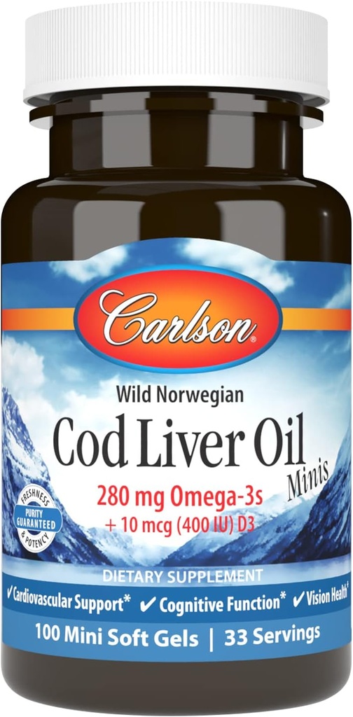 Carlson - Cod Liver Oil Minis, 280 mg Omega-3s + Βιταμίνες Α και D3, Νορβηγικά, Άγρια πιασμένα, Με Βιώσιμη προέλευση, 100 Mini Softgels