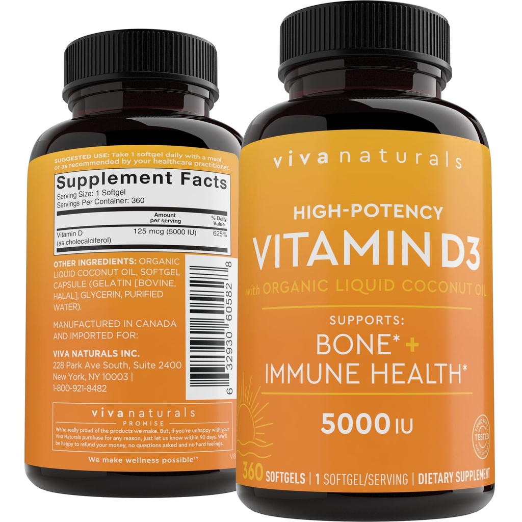 Viva Naturals Βιταμίνη D3 5000 IU Softgels, 360 Count (125 mcg), Υποστηρίζει την υγεία των οστών και του ανοσοποιητικού, υψηλής ισχύος βιταμίνη D