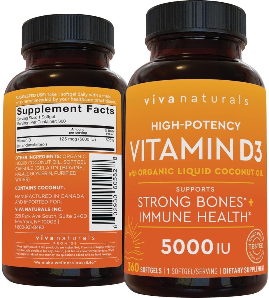 Viva Naturals Vitamin D3 5000 IU Softgels, 360 Count (125 mcg), Supports Bone & Immune Health, High Potency Vitamin D