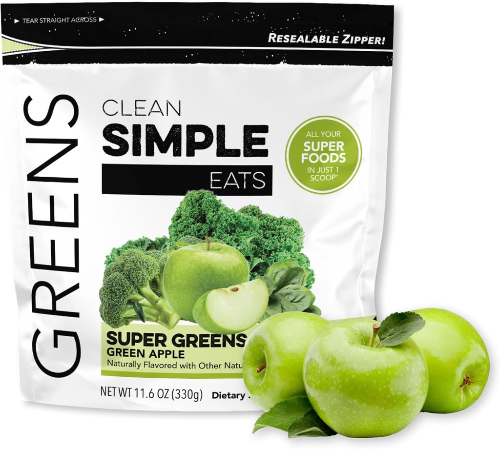 Clean Simple Eats Super Greens Powder, φυσικά αρωματισμένη πράσινη σκόνη με Chlorella, Spirulina, Superfoods & Prebiotic Fiber, Δεν τεχνητά συστατικά, Χωρίς γλουτένη, Πράσινη Apple Γεύση, 30 εξυπηρετούν