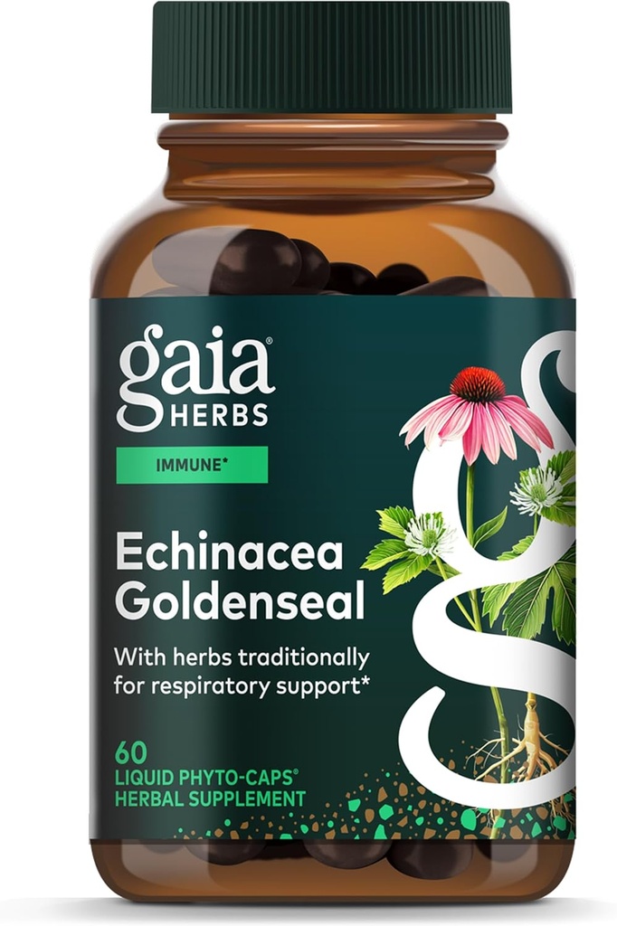 Gaia Herbs Echinacea Goldenseal - συμπλήρωμα ανοσοποιητικής υποστήριξης για τη διατήρηση ενός Υγιούς Αναπνευστικού Συστήματος - με Βιολογική Εchinacea και Goldenseal Root - 60 Vegan Liquid Phyto-Capsules (10-Day Supply)