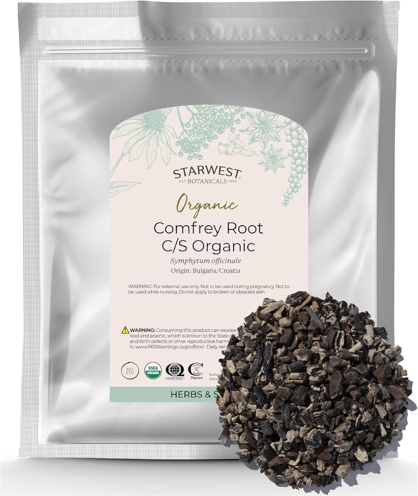 Starwest Botanicals Organic Dryed Comfrey Root - Φυσικό βότανο για την εφαρμογή, Salve ή Oil, Cut & Sifted, Certified Kosher, Non-GMO - Bulk 1 lb τσάντα