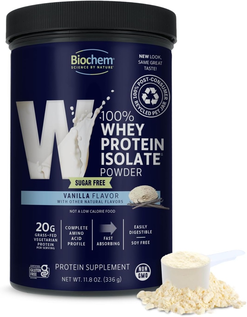 Biochem 100% Whey sugar-free Βανίλια 20g, 11.8oz, πιστοποιημένη χορτοφάγος, Certified Gluten Free, Certified Non-GMO Tested, Keto Friendly, Grass-Fed