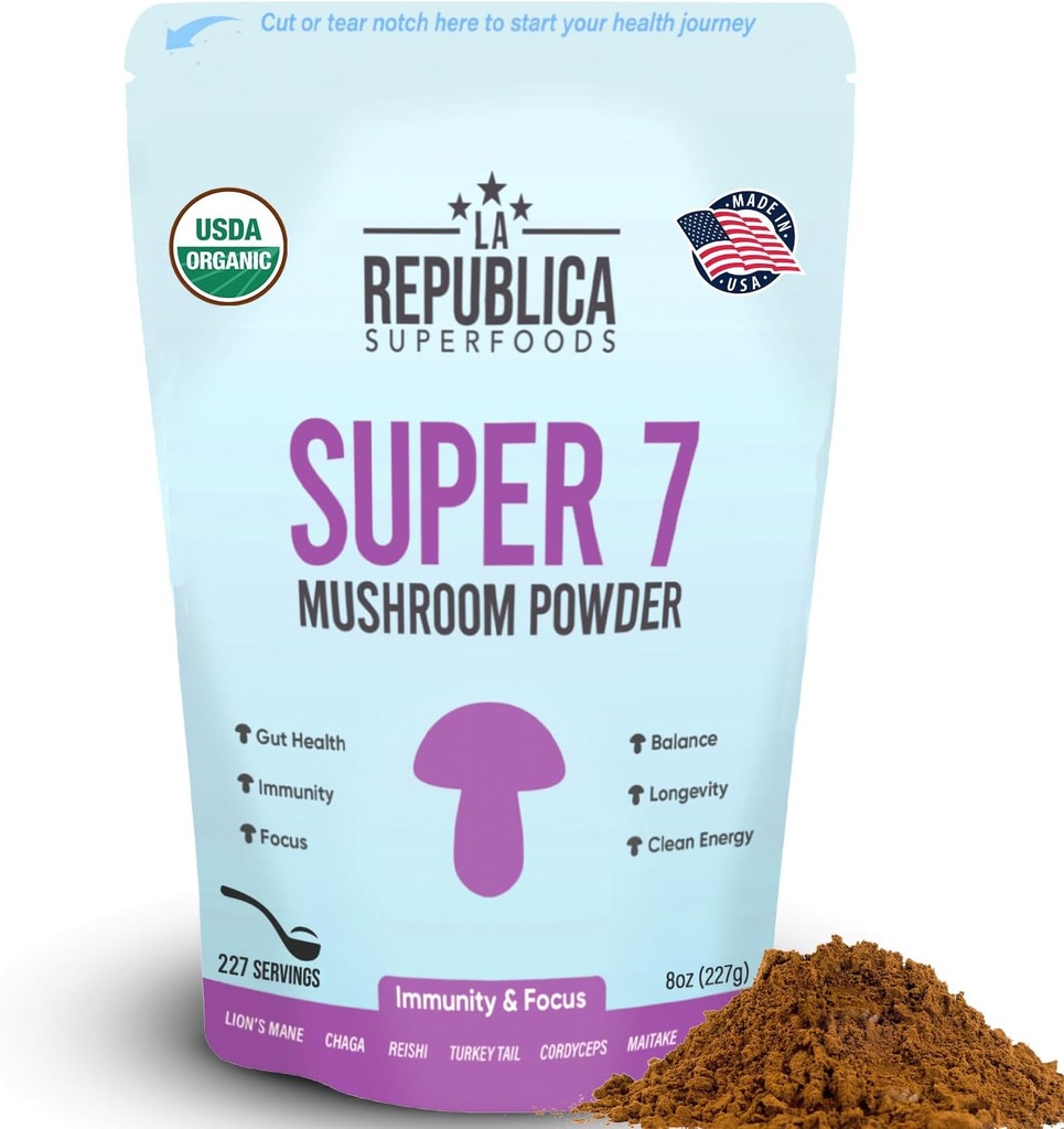 La Republica Superfood Super 7 Mushroom Extract Powder, Περιλαμβάνει Mane Lion's, Reishi, Chaga, Cordyceps, Shiitake, Maitake, και Turkey Tail (8 oz)