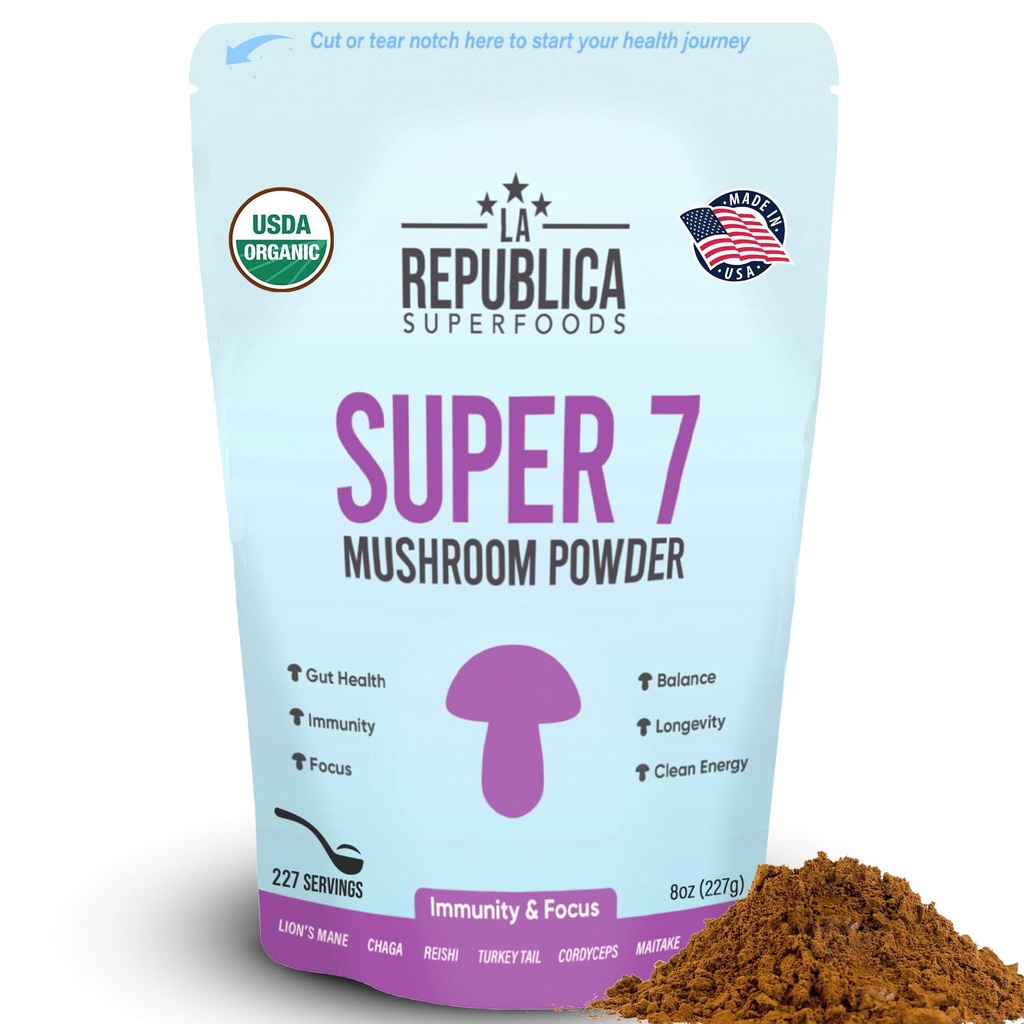 La Republica Superfood Super 7 Mushroom Extract Powder, Περιλαμβάνει Mane Lion's, Reishi, Chaga, Cordyceps, Shiitake, Maitake, και Turkey Tail (8 oz)