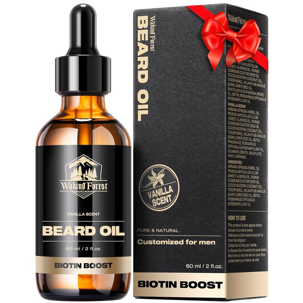 Waking Forest Beard Oil - 60ml Βανίλια Biotin Beard Oil για τους άνδρες Thicker Beard με βιταμίνη Ε, δεντρολίβανο, Castor Mustache Oil για τους μαύρους άνδρες, μαλακώνει & ενισχύει το γενεαλογικό λάδι φροντίδας