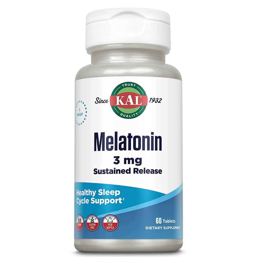 KAL Melatonin 3mg Sleep Aid Παρατεταμένη απελευθέρωση, Συμπλήρωμα μελατονίνης Υποστηρίζει υγιή χαλάρωση, ένα ήρεμο συναίσθημα και έναν σωστό κύκλο ύπνου, w/ Πρόσθετη βιταμίνη Β6, Vegan, Χωρίς γλουτένη 60 Serv, 60 δισκία