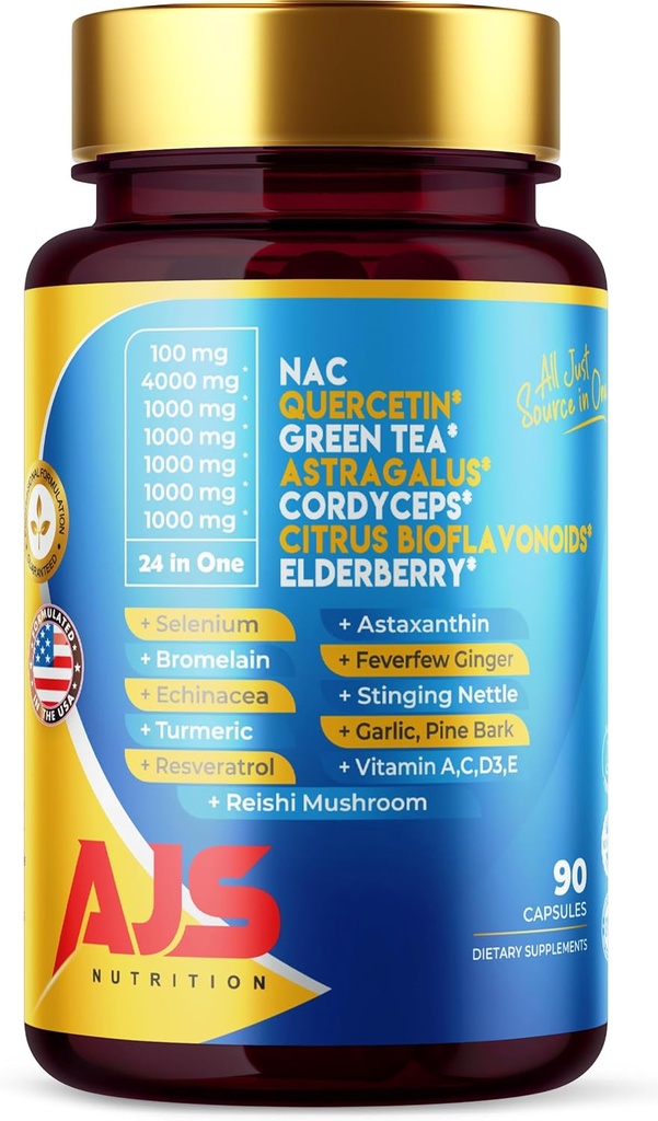 AJS Quercetin 4000mg με Nac Πράσινο Τσάι Cordycepscitrus Elderberry Selenium Bromelain Echinacea Turmeric Resveratrol Aspaxanthin Feverfew Ginger Reishi Mushroom 90 Caps 20 in 1