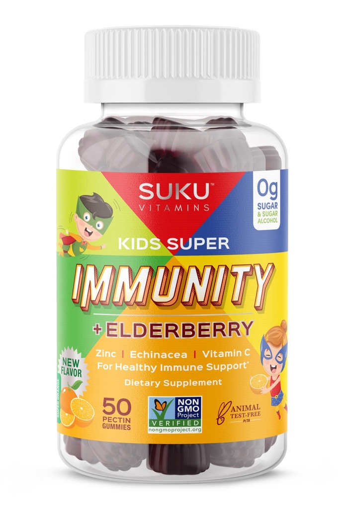 SUKU Βιταμίνες - Παιδιά Σούπερ Ανοσία - Elderberry, Echinacea, Βιταμίνη Α και Zinc Gummies για την υποστήριξη του ανοσοποιητικού - εύκολο να μασήσει - μη ΓΤΟ, Χωρίς γλουτένη ζάχαρη - Ρόδι Lime Gummy Βιταμίνες, 50 Count