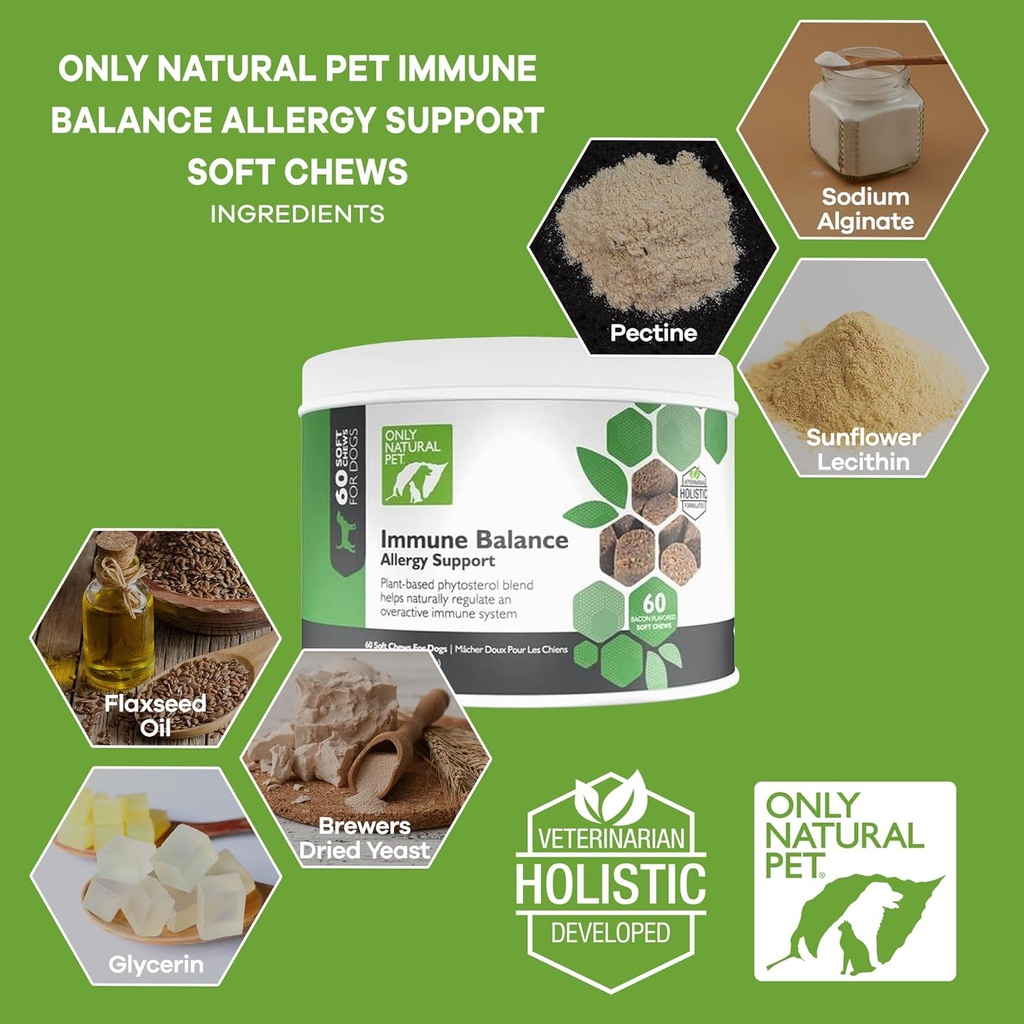 Only Natural Pet Immune Balance - Immunity Booster for Itchy Skin Licking & Scratching w/Phytosterols for Seasonal or Food Allergies Vitamin Supplement for Healthy Dogs - 60 Soft Chews