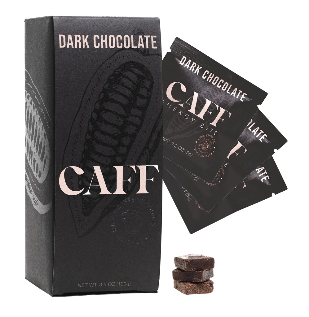 CAFF All Natural Energy Bites - Caffeinated Chocolate Flavored Chew for Energy Boost - No Added Sugar - 65mg Caffeine Chocolate Bars – 15 Calorie Organic Caffeine Snacks - Vegan, Gluten-free, Keto (20 Bites)