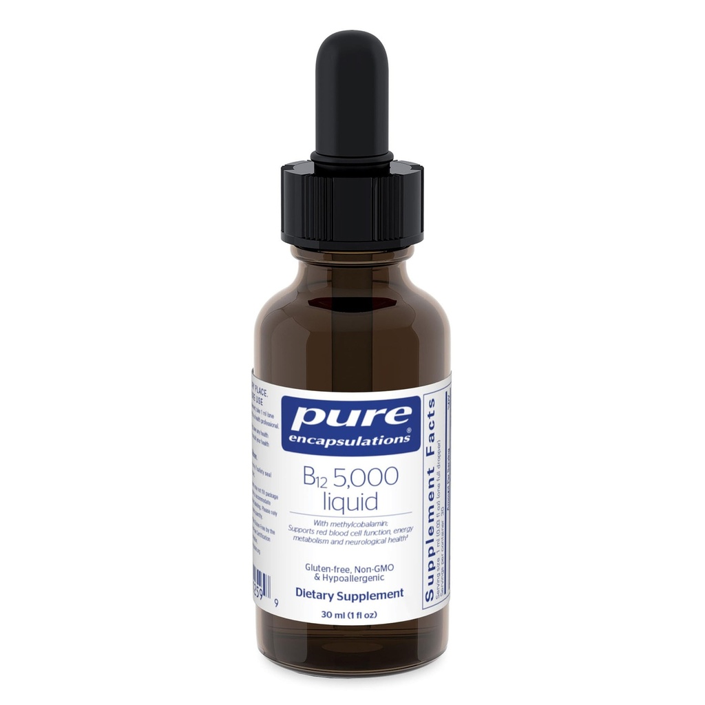 Καθαρές ενθυλακώσεις B12 5.000 Liquid - Βιταμίνη B12 Συμπλήρωμα μεθυλοκοβαλαμίνης για την υποστήριξη της ενέργειας, Nerve Health, Γνωστική λειτουργία & κύτταρα αίματος* - Υγρές σταγόνες - 1 Fl Oz