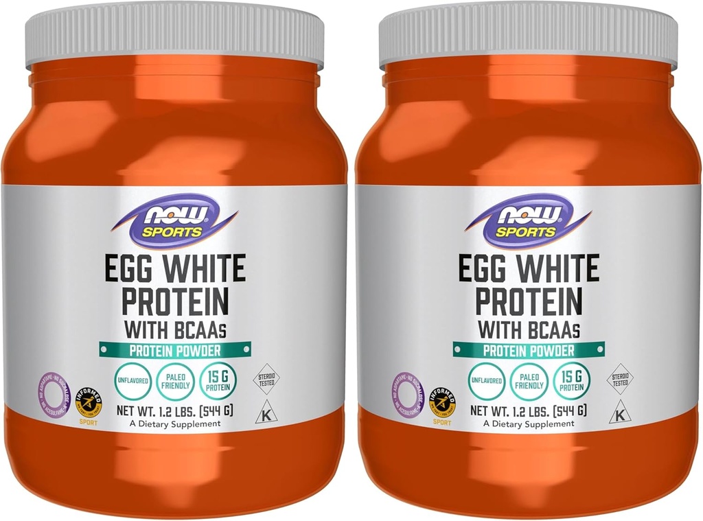 NOW Sports Nutrition, Egg White Protein, 16 g with BCAAs, Unflavored Powder, 1.2-Pound (Pack of 2)