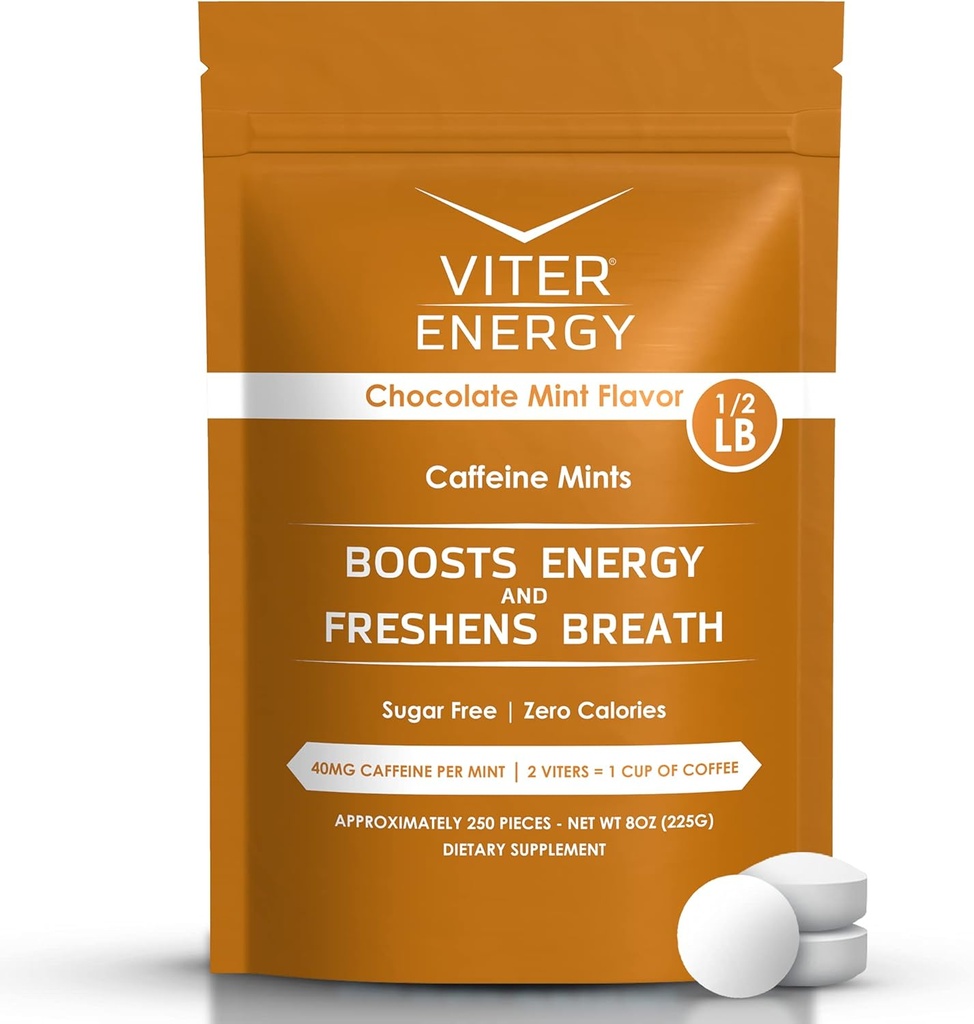 Viter Energy 40mg Μέντες καφεΐνης - Χωρίς ζάχαρη, Βιταμίνες Β, Vegan, Ενισχύει γρήγορη ενεργοποίηση Alert Focus, Caffeinated Nootropic Pills συμπλήρωμα (Chocolate Mint Flavor, 8oz, Bulk Bag)