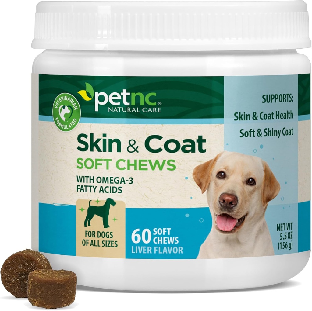Petnc Natural Care Dog Skin and Coat Supplement (60 Μασώμενα), Με Ωμέγα 3, EPA & DHA, Προωθεί Υγιές Δέρμα & Γυαλιστερό Κάλυμμα, Για Σκύλους 18 Εβδομάδες & Παλαιότερο, Ήπαρ Γεύση
