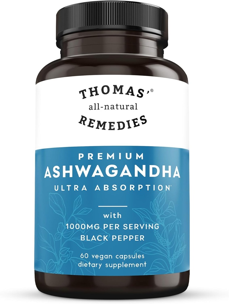 Thomas' all-natural Remedies Organic Ashwagandha Stress Support Supplement, Mood & Energy Support, Pure Ashwagandha 1000mg, Ultra Absorption with Black Pepper, Vegan, No fillers