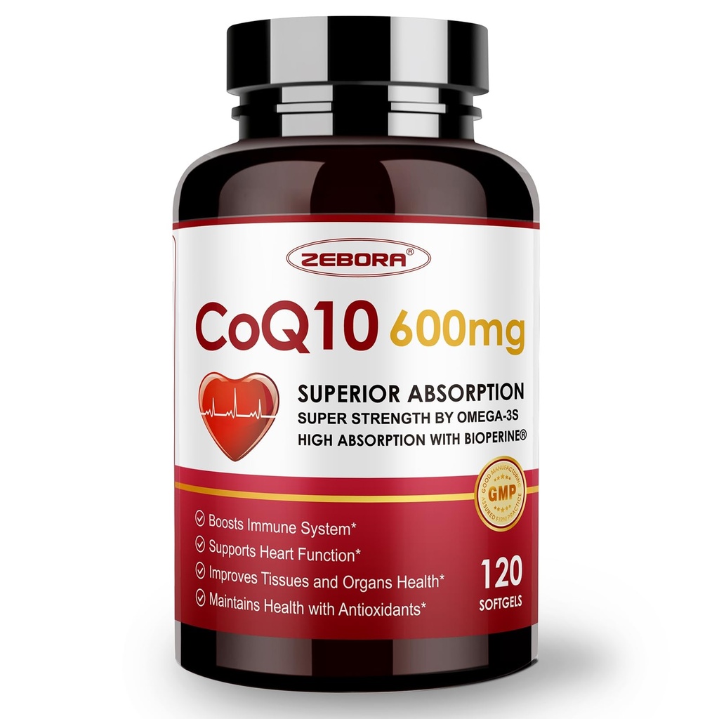 ZEBORA CoQ10-600mg-Softgels - Extra Strength Coenzyme Q10 with PQQ, Omega-3 & BioPerine - High Absorption CoQ10 Supplements Antioxidant (Ubiquinone) for Heart Health & Energy Production, 120 Softgels