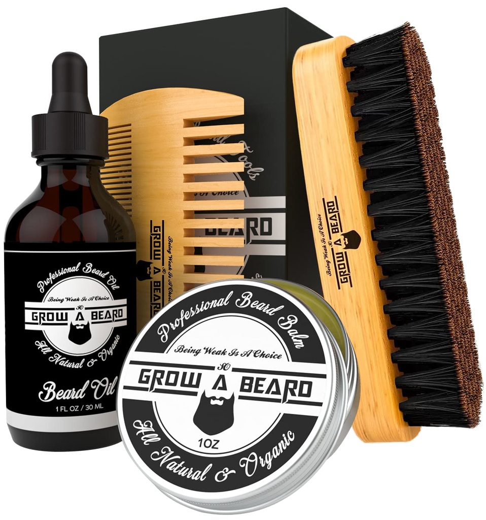Beard Brush, Beard Comb, Beard Oil, & Beard Balm Grooming Kit για Ανδρική Φροντίδα, Ταξίδια σετ μαλλιών προσώπου για την ανάπτυξη, στυλ, λάμψη & απαλότητα, Μεγάλη Δώρα για τον