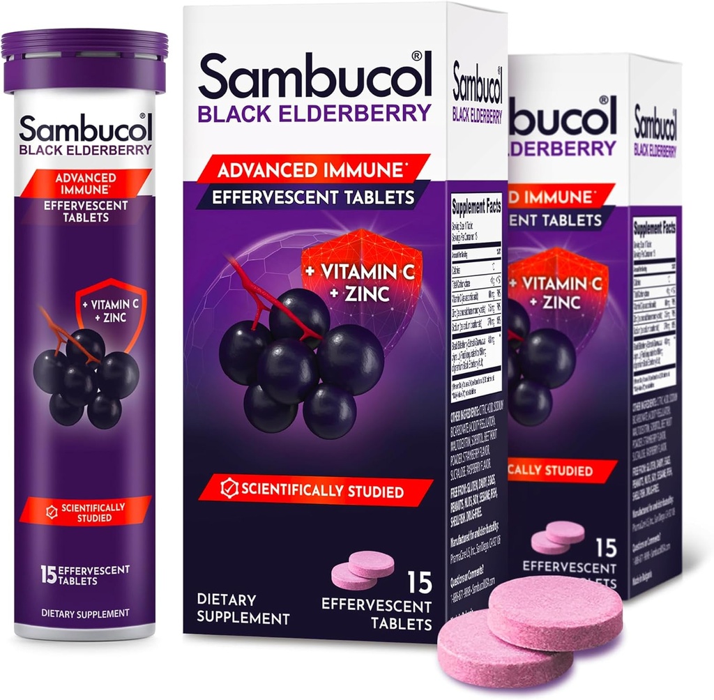 Sambucol Black Elderberry Tablets με Βιταμίνη C & Ψευδάργυρο - συμπλήρωμα ανοσοποιητικής υποστήριξης, Black Elderberry με ψευδάργυρο και βιταμίνη C Αναβράζοντα δισκία, Υψηλά Αντιοξειδωτικά, Ποτά Fizes- 30 Count