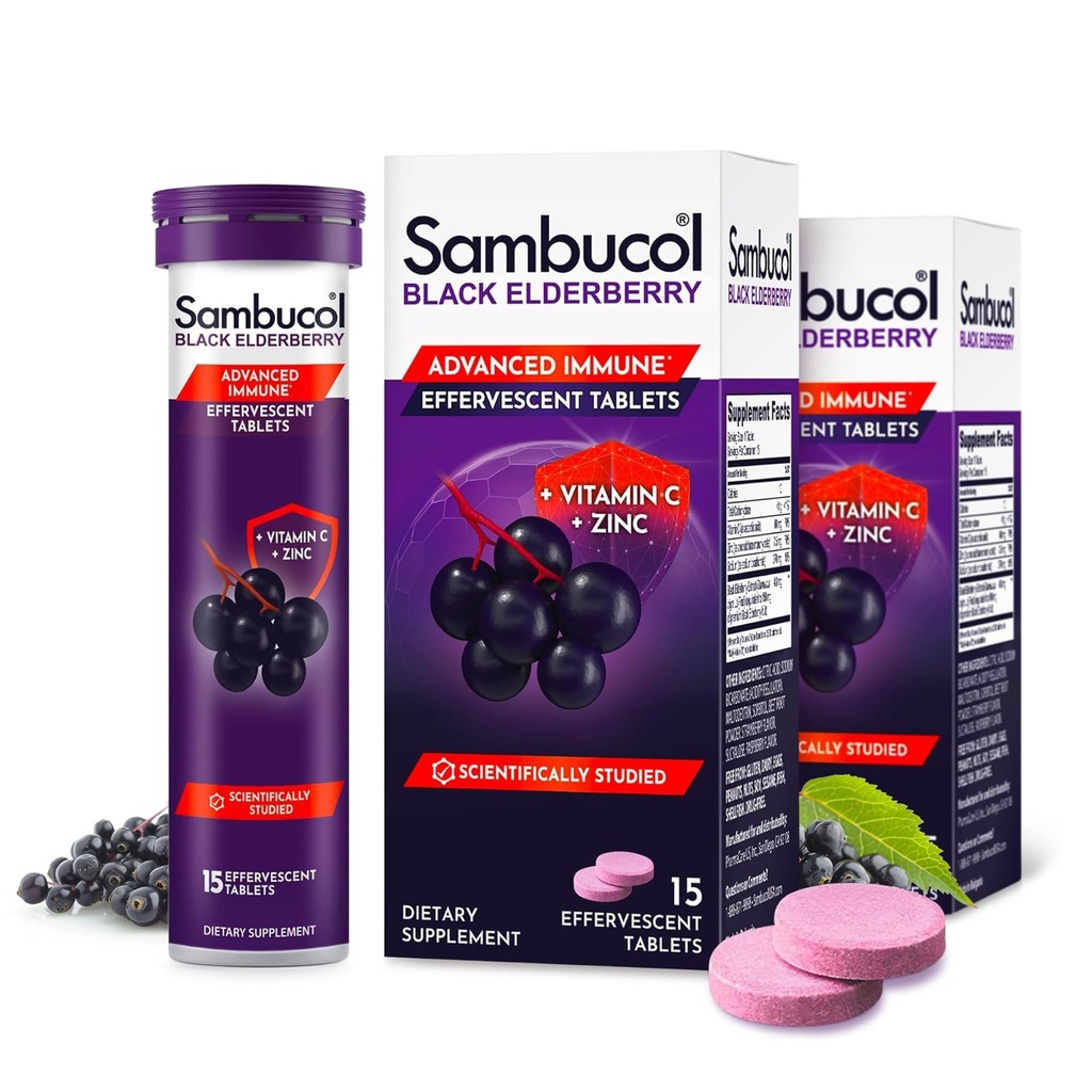 Sambucol Black Elderberry Tablets με Βιταμίνη C & Ψευδάργυρο - συμπλήρωμα ανοσοποιητικής υποστήριξης, Black Elderberry με ψευδάργυρο και βιταμίνη C Αναβράζοντα δισκία, Υψηλά Αντιοξειδωτικά, Ποτά Fizes- 30 Count