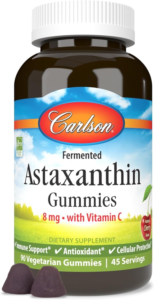 Carlson - Ασταξανθίνη Gummies, με Βιταμίνη C, Ανοσολογική Υποστήριξη, Αντιοξειδωτικό, Υγεία της Καρδιάς, Μη ΓΤΟ, Γεύσεις κερασιού, 90 Χορτοφαγικά Gummies