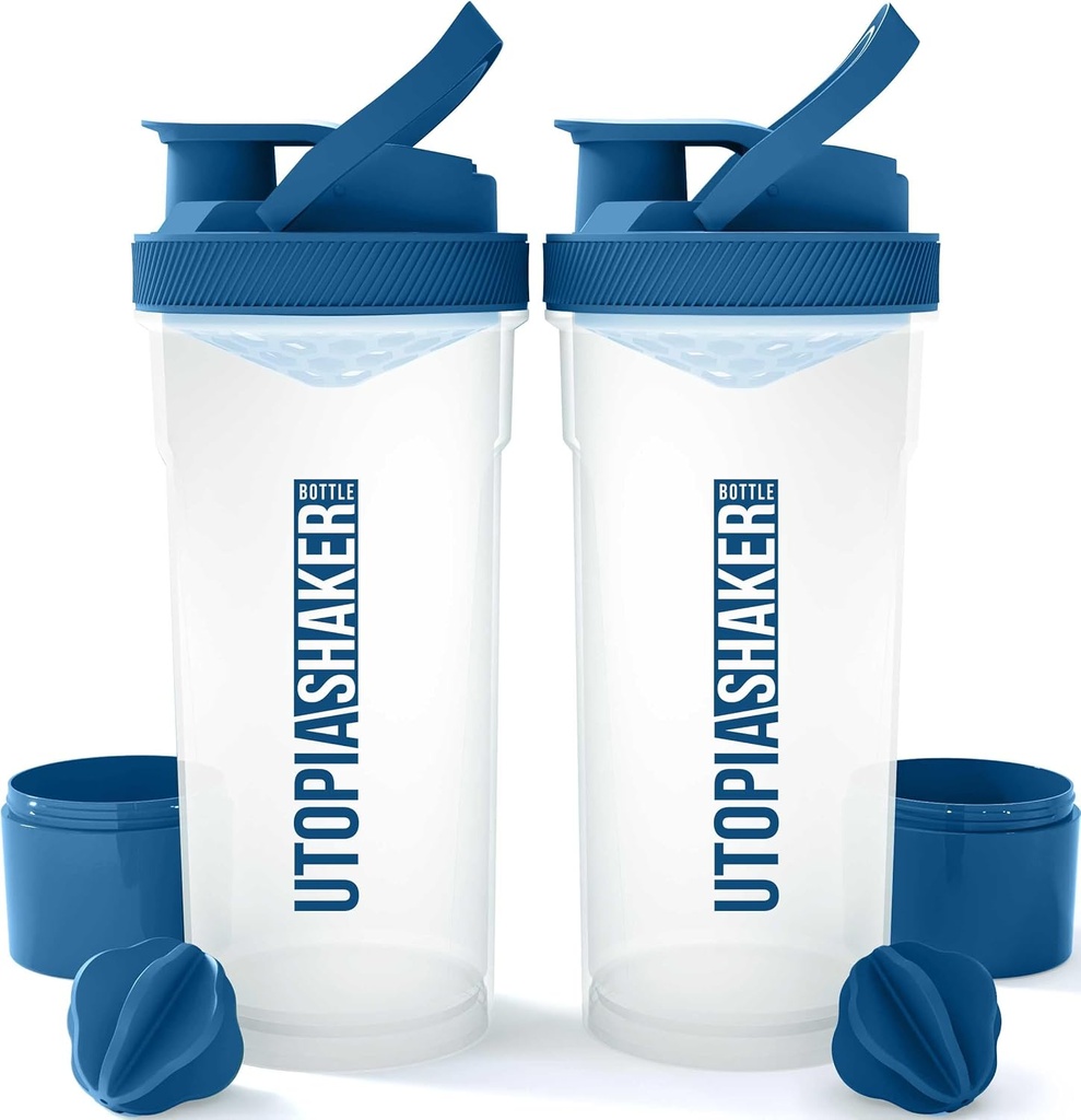 Utopia Home Shaker Bottle 2 Pack - 24 Ounce Πλαστική πρωτεΐνη ή cocktail Shaker Μπουκάλι για προ & Post προπόνηση με Twist & Lock Αποθήκευση κουτί πρωτεΐνης (Καθαρό / Navy)