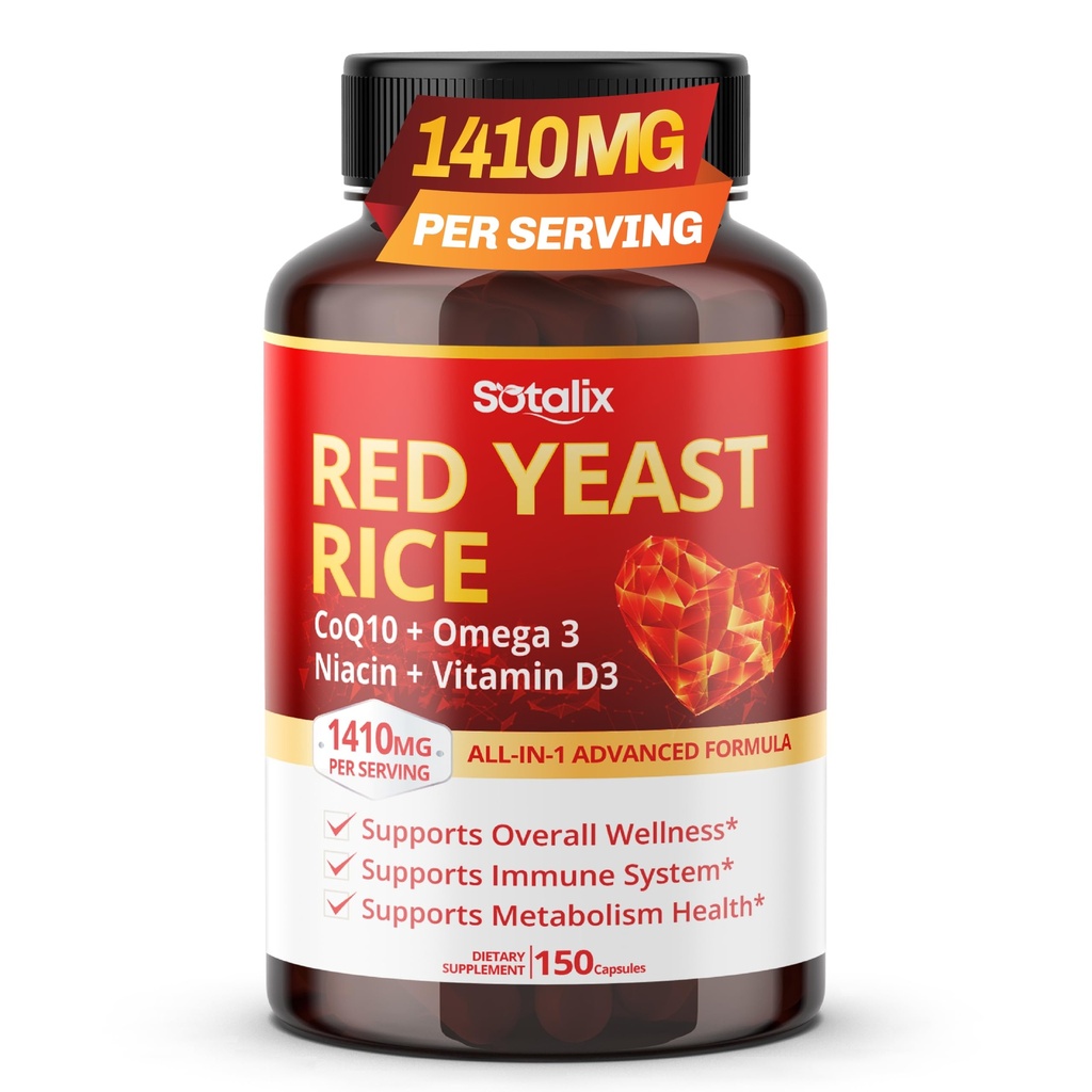 Ultra Red Yeast Rice με CoQ10, Omega 3 Niacin, Βιταμίνη D3 για το συνολικό Well-Being, Immune System Support - USA Made & Tested (150 Count (Pack of 1))