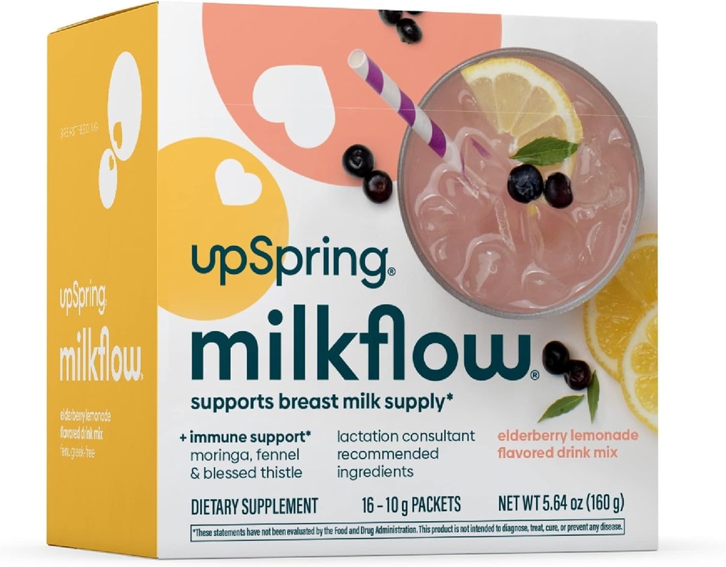 UpSpring Milkflow Immune Support Θηλασμός συμπλήρωμα ποτό Mix Fenugreek-free, Moringa Elderberry Lemonade Flavor, συμπλήρωμα γαλακτοπαραγωγής για την υποστήριξη της προσφοράς γάλακτος μαστού, 16 μείγματα