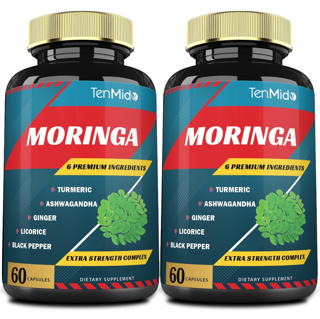 2 Packs Moringa Capsules, 4 Months Supply with Turmeric, Ashwagandha, Ginger, Licorice, Black Pepper | Immune Support, Energy Booster | Oleifera Leaf Herb Supplements