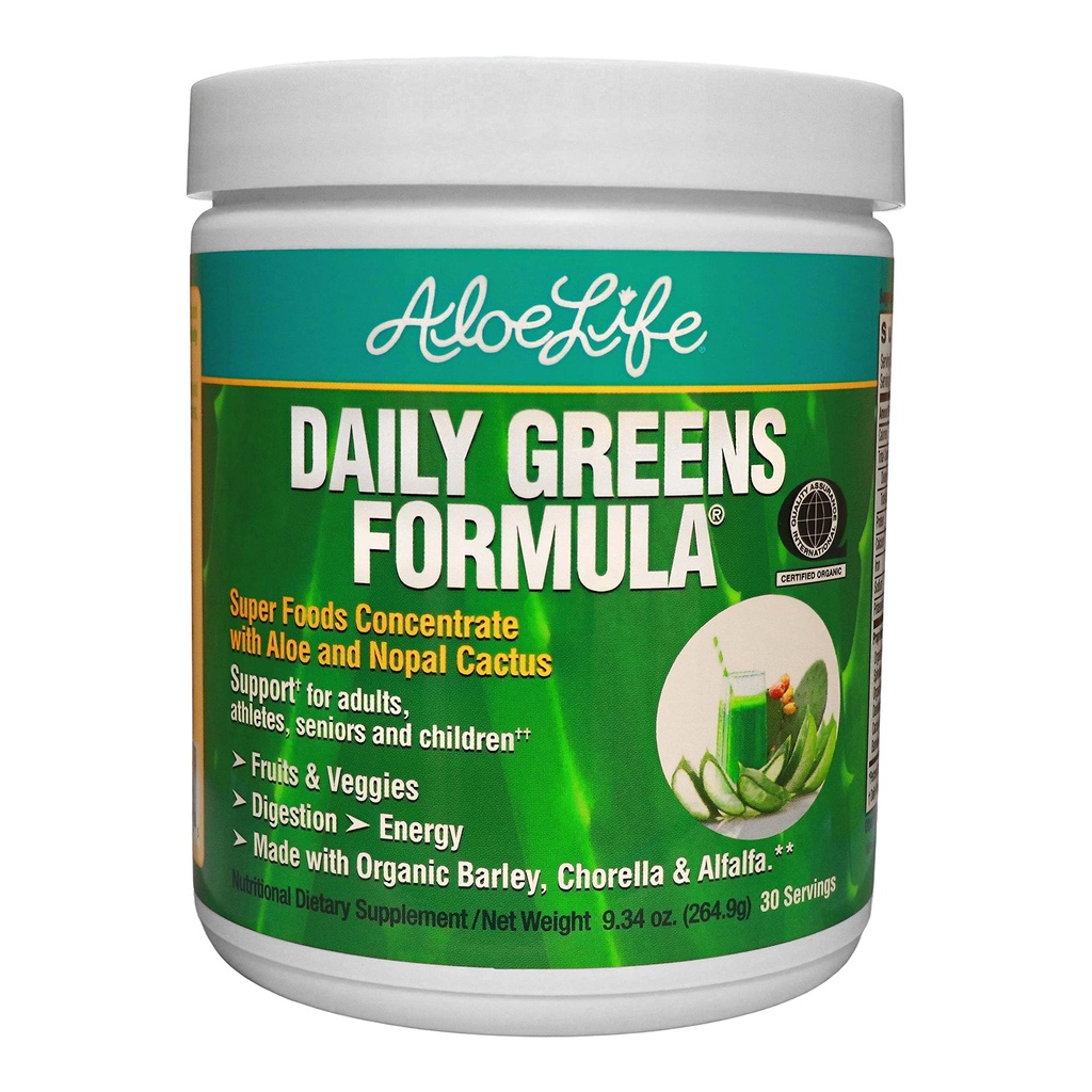 Aloe Life - Daily Greens Powder, QAI-Certified Organic Health Supplement, Antioxidants, 21 Φρούτα, Veggies, & Βότανα Συμπεριλαμβάνονται Aloe & Nopal Cactus, Low-Calory, Keto-Friendly, Gluten-Free (30 υπηρεσίες)