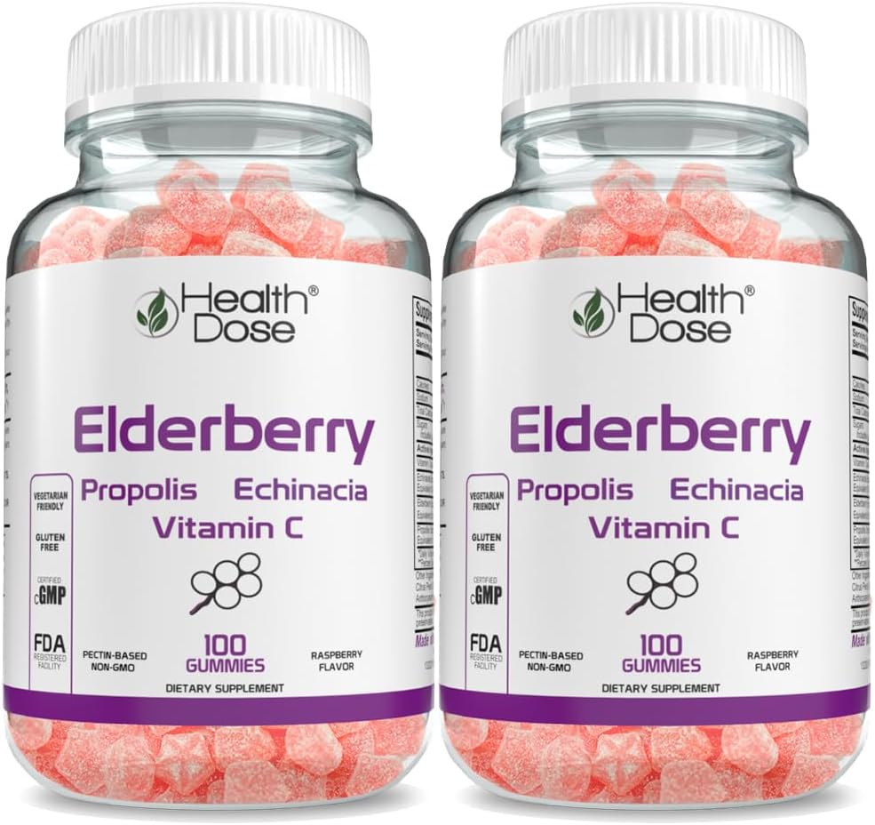 Υγεία Δόση Elderberry Sambucus Gummy Βιταμίνες Παιδιά 100 Gummies. με Propolis Extract, Echinacea, Βιταμίνη C, Yummy Raspberry Flavor, Vegan, Gluten-free, Άμυνα, Ανοσοποιητική υποστήριξη Booster. Συσκευασία των 2