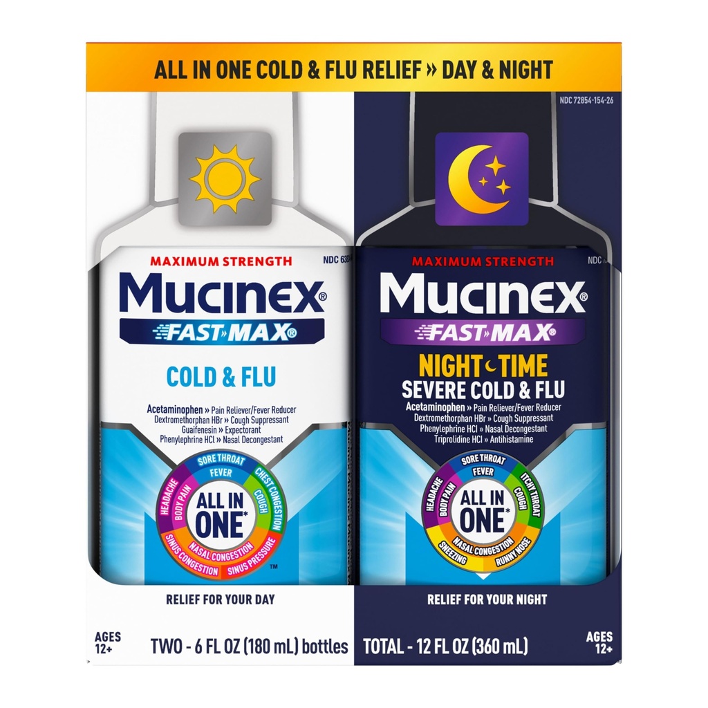 Mucinex Fast-Max Ψυχρό και Γρίπη & Nightshift Ιατρική για ενήλικες, Over-The-Counter Πακέτο Combo Φάρμακο για την ανακούφιση του πονεμένου λάρυγγα, αποσυμφορητικό, βήχας & κρύα ιατρική (2 x 6 Fl Oz)