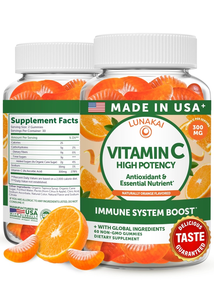 Lunakai USA Made High Potency Vitamin C Gummies for Adults and Kids - 300mg Ανοσολογική Υποστήριξη - Μη-ΓΤΟ, Vegan, Νόστιμο Πορτοκαλί Γεύση, 60ct